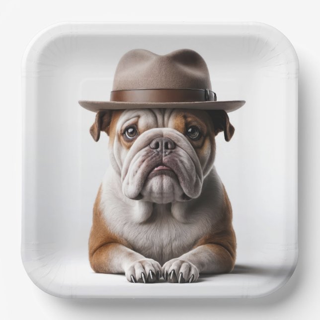 Bulldog Wearing a Fedora Paper Plate (Front)