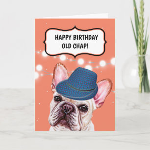 Bulldog wearing plaid hat British old chap humour Card