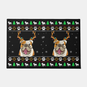 Bulldog With Antlers in an UGLY Christmas Doormat