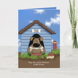 bulldog with bone in dog house birthday card