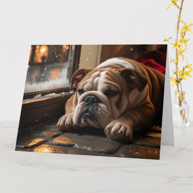 Bulldog with Christmas Lights Holiday Card (Yellow Flower)