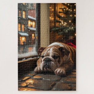 Bulldog with Christmas Lights Holiday Jigsaw Puzzle