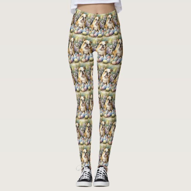 Bulldog with Easter Eggs Holiday Leggings (Front)