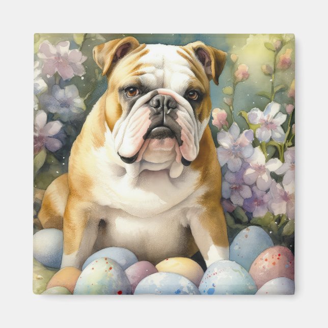 Bulldog with Easter Eggs Holiday Magnet (Front)