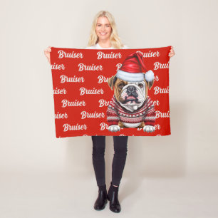 Bulldog with Name Patterned Christmas Fleece Blanket