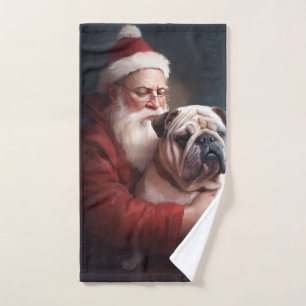 Bulldog With Santa Claus Festive Christmas  Bath Towel Set