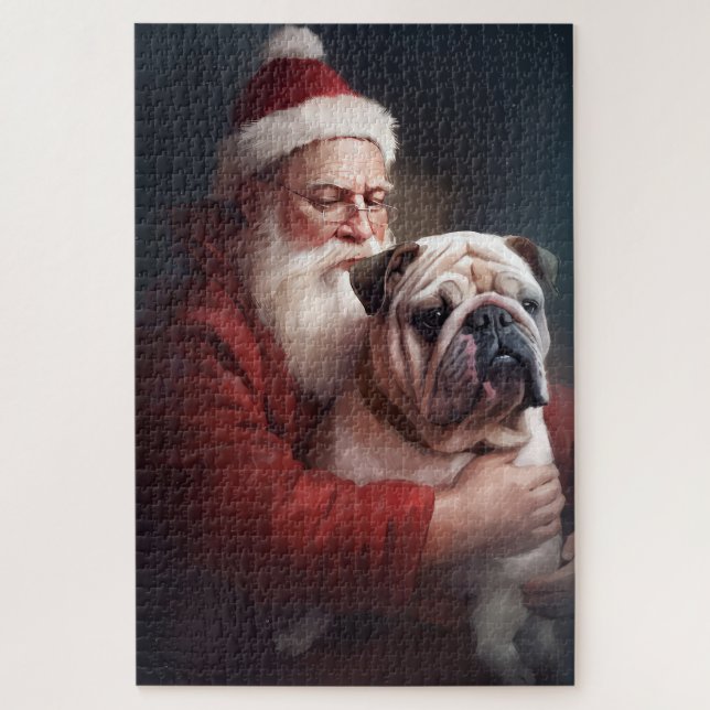 Bulldog With Santa Claus Festive Christmas  Jigsaw Puzzle (Vertical)