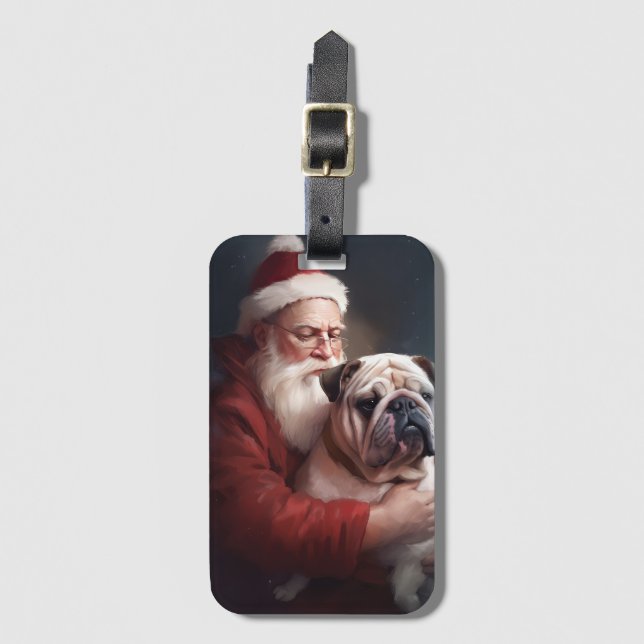 Bulldog With Santa Claus Festive Christmas  Luggage Tag (Front Vertical)