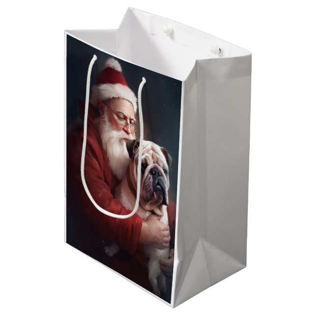 Bulldog With Santa Claus Festive Christmas  Medium Gift Bag (Front Angled)