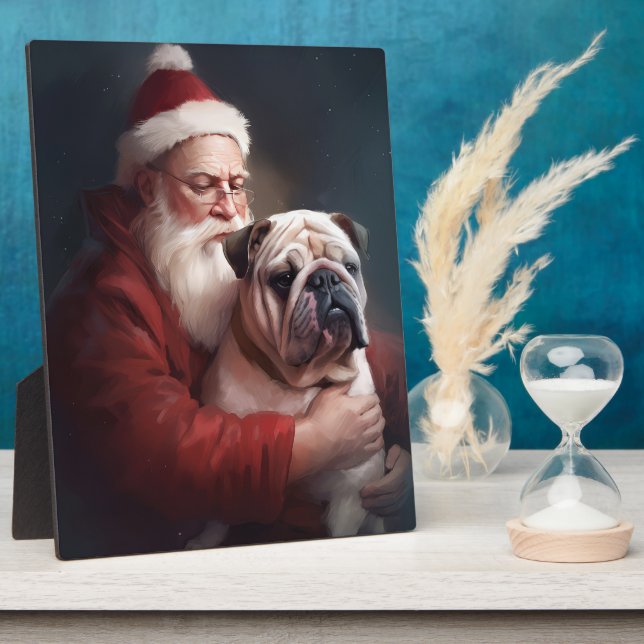 Bulldog With Santa Claus Festive Christmas  Plaque (Side)