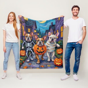 Bulldogs Trick-or-Treating in Halloween Costumes Fleece Blanket