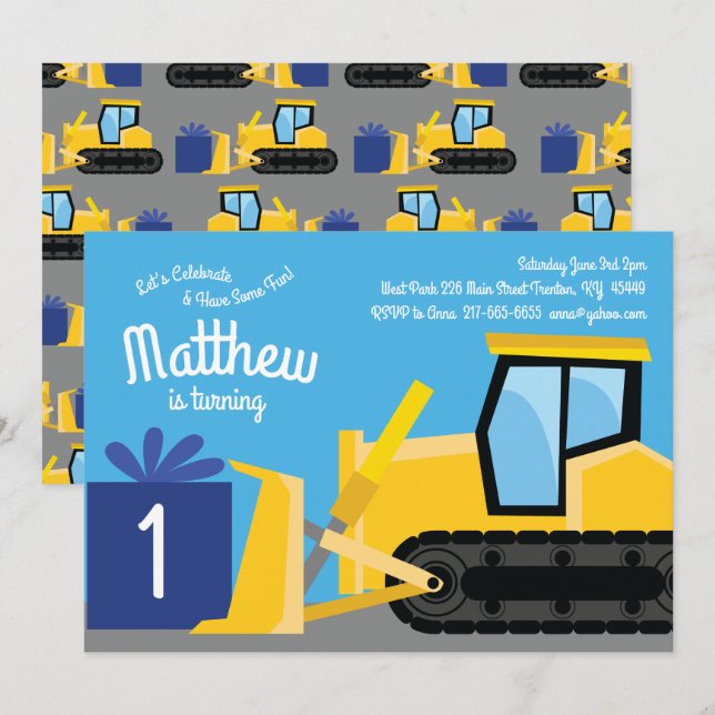 Bulldozer 1st Birthday Invitations (Front/Back)