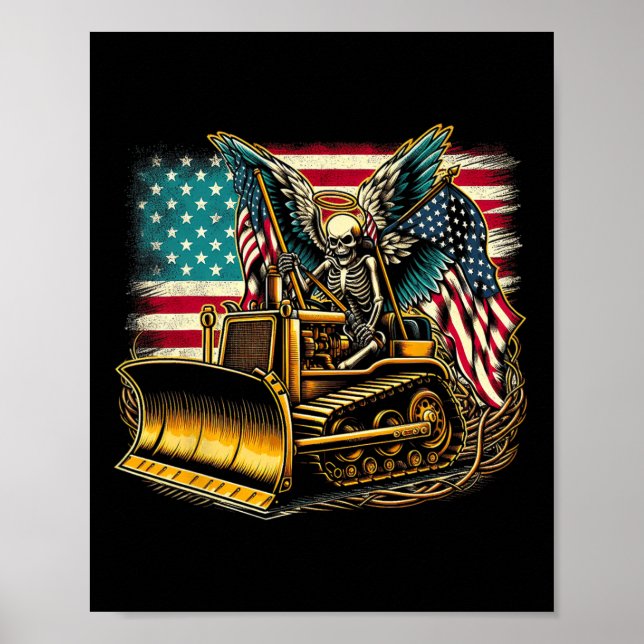 Bulldozer American Flag Halloween Skull  Poster (Front)
