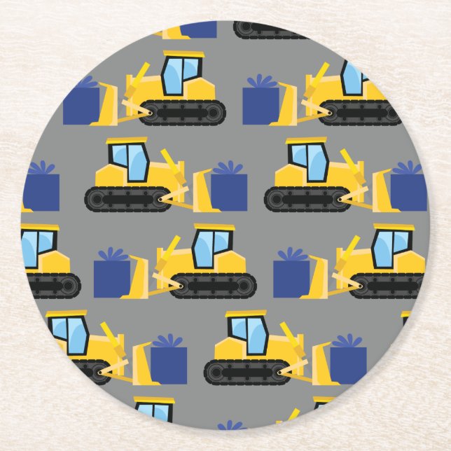 Bulldozer Birthday Party Construction Round Paper Coaster (Front)
