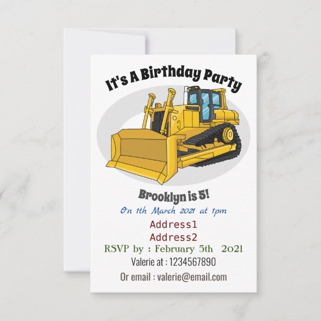 Bulldozer cartoon illustration invitation (Front)