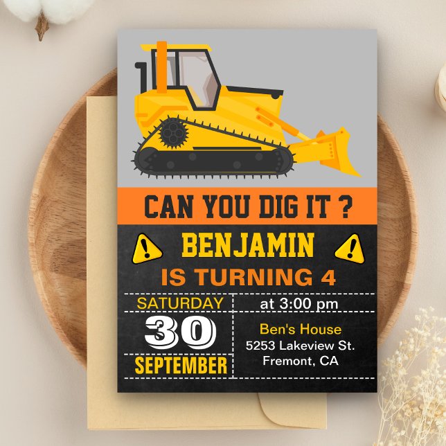 Bulldozer Construction Birthday Party Invitation (Creator Uploaded)