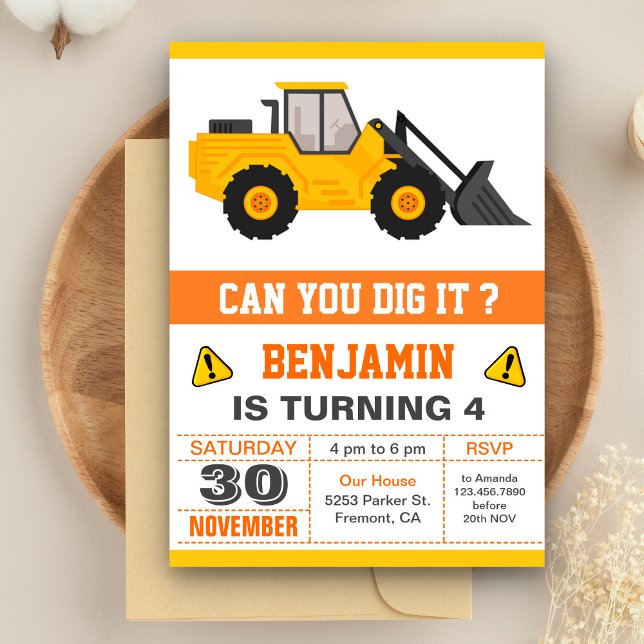 Bulldozer Construction Kids Birthday Party Invitation (Creator Uploaded)