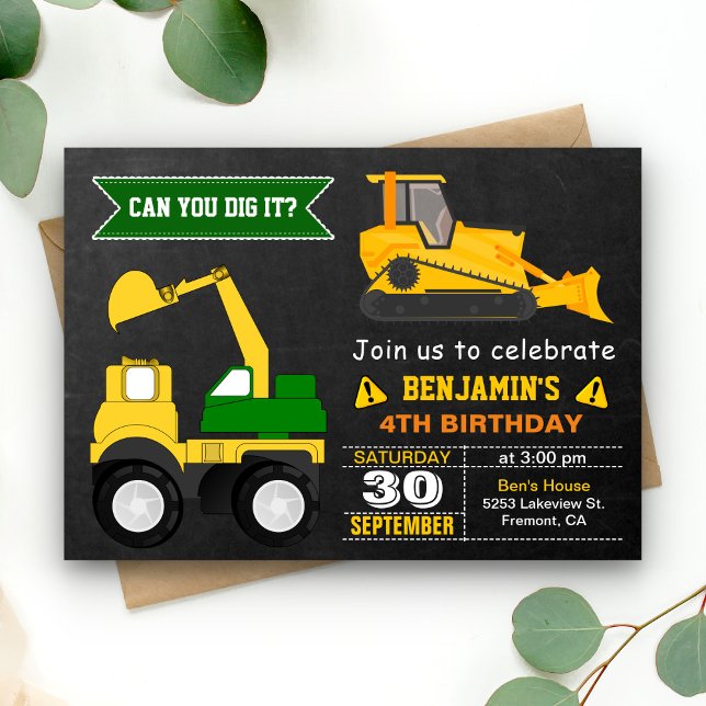 Bulldozer Construction Kids Birthday Party Invite (Creator Uploaded)