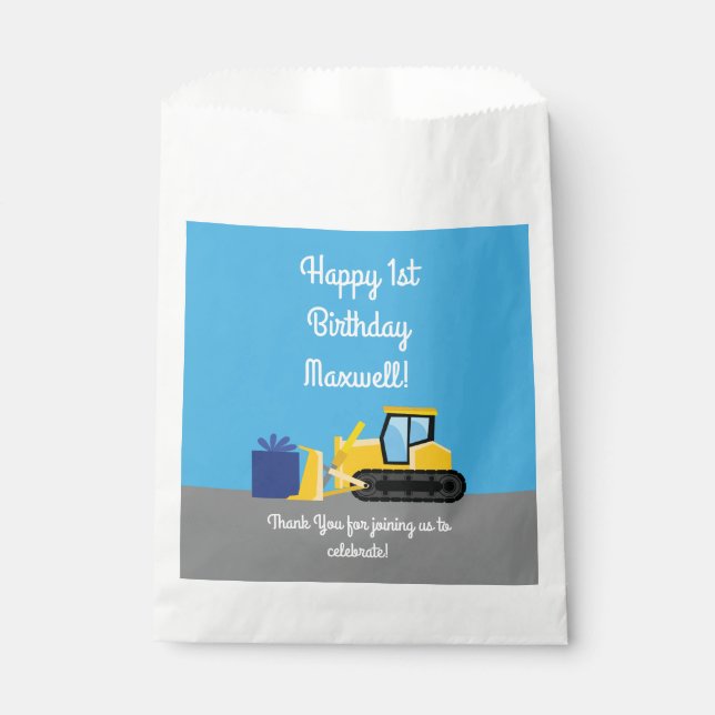Bulldozer Cute 1st Birthday Party Construction Favour Bags (Front)