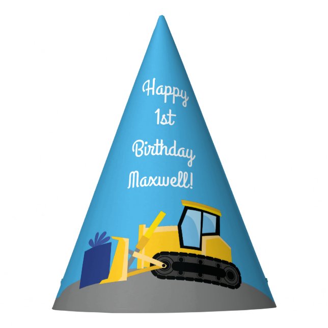 Bulldozer Cute 1st Birthday Party Construction Hat (Front)