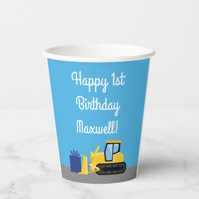 Bulldozer Cute 1st Birthday Party Construction Kid Paper Cups (Front)