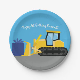 Bulldozer Cute 1st Birthday Party Construction Paper Plate