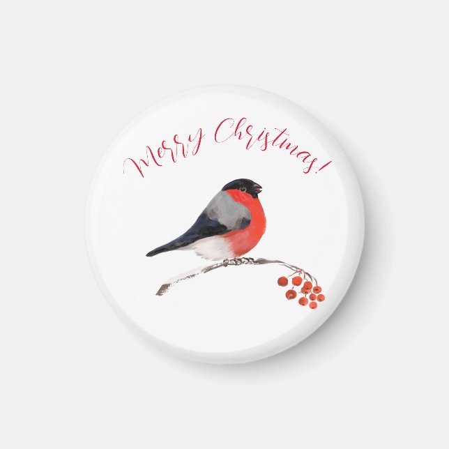 Bullfinch and red berries, Merry christmas Magnet (Front)