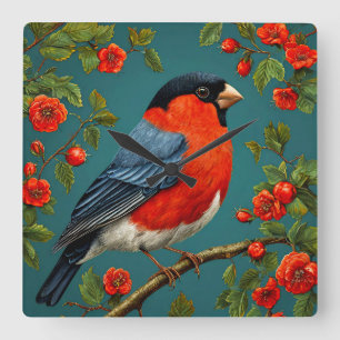 Bullfinch bird on a tree square wall clock