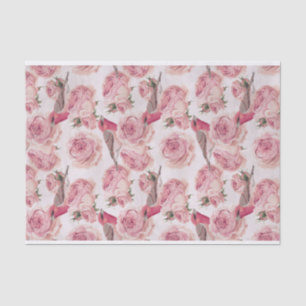Bullfinch Birds Perched on Pink Roses Pattern Tissue Paper