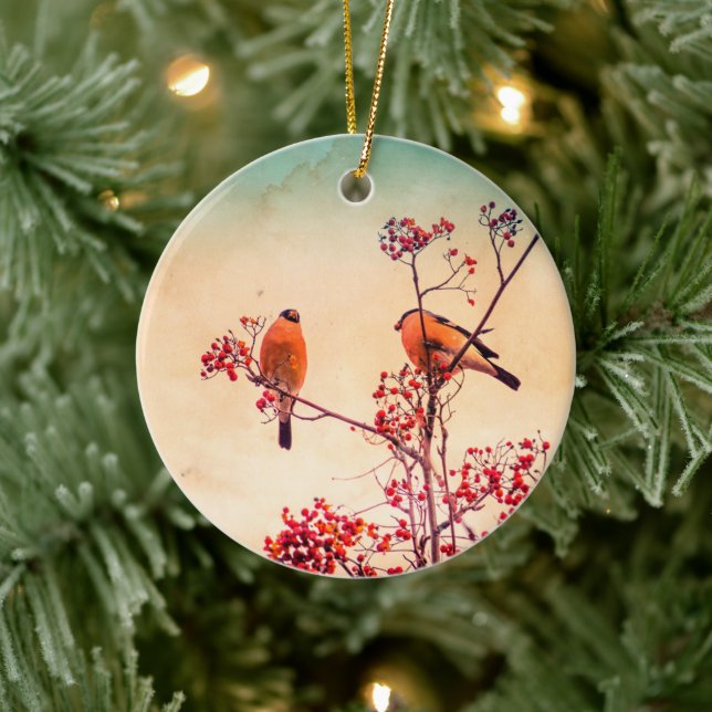 Bullfinch eat red rowan berries ceramic tree decoration (Tree)