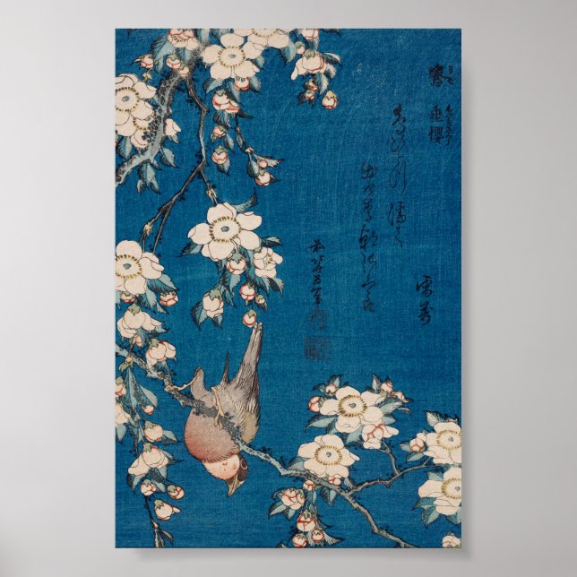 Bullfinch on a Weeping Cherry Branch by Hokusai Poster (Front)