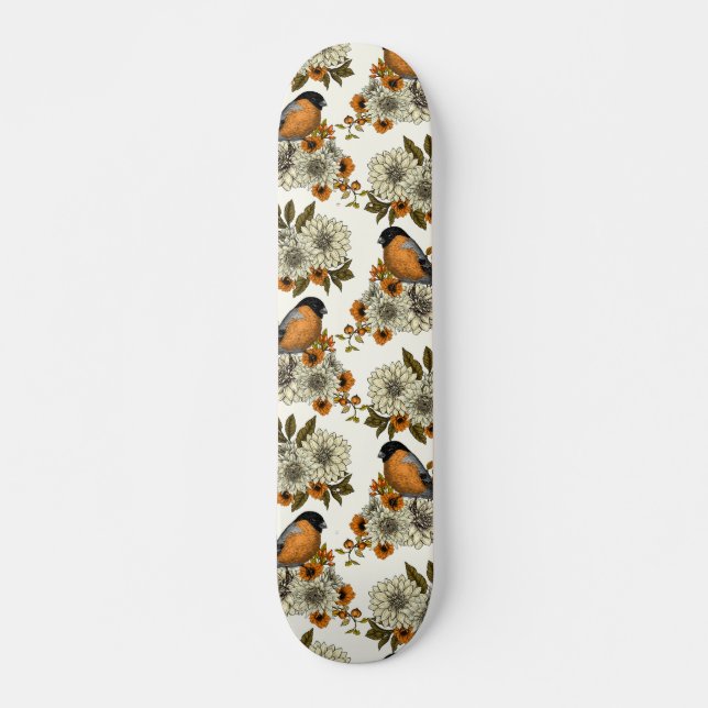 Bullfinch on autumn florals 2 skateboard (Front)
