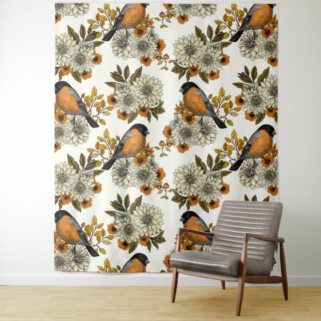 Bullfinch on autumn florals 2 tapestry (In Situ)
