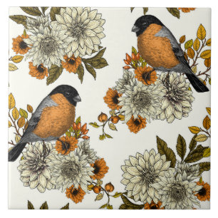 Bullfinch on autumn florals 2 tile