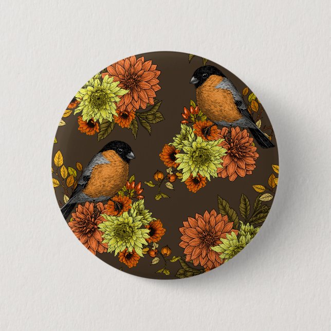 Bullfinch on autumn florals 6 cm round badge (Front)