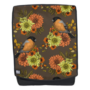 Bullfinch on autumn florals backpack