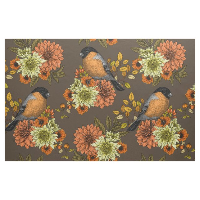 Bullfinch on autumn florals fabric (Fat Quarter)