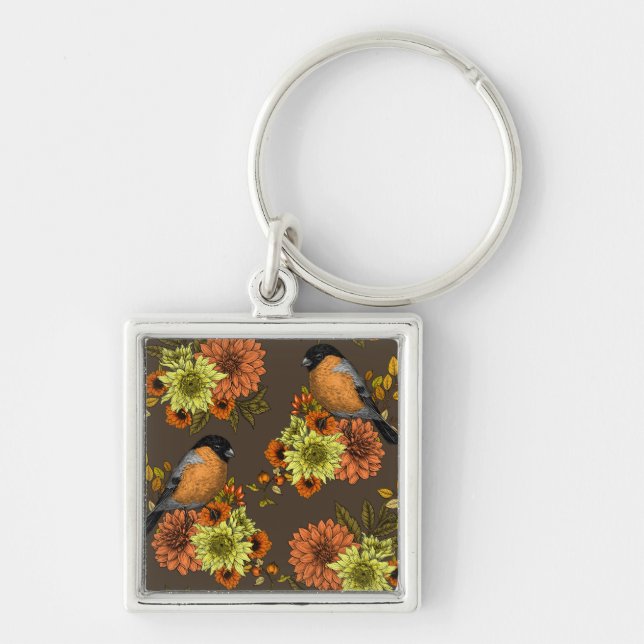 Bullfinch on autumn florals key ring (Front)