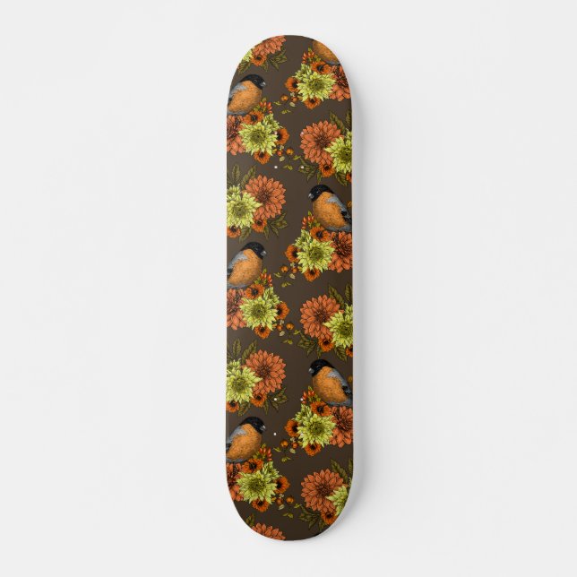 Bullfinch on autumn florals skateboard (Front)
