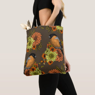 Bullfinch on autumn florals tote bag