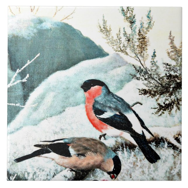 Bullfinches in Winter Landscape Tile (Front)