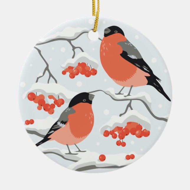 Bullfinches on rowan branches ceramic tree decoration (Front)