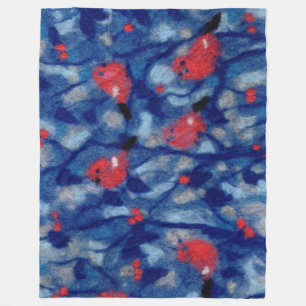 Bullfinches, red birds blue forest trees fibre art fleece blanket