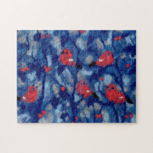 Bullfinches, red birds blue forest trees fibre art jigsaw puzzle