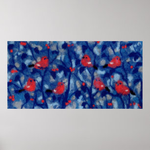 Bullfinches, red birds blue forest trees fibre art poster