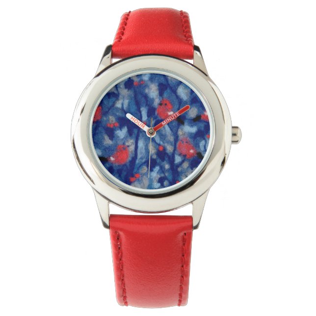 Bullfinches, red birds blue forest trees fibre art watch (Front)