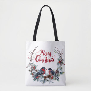 Bullfinches Wreath- Merry Christmas Tote Bag