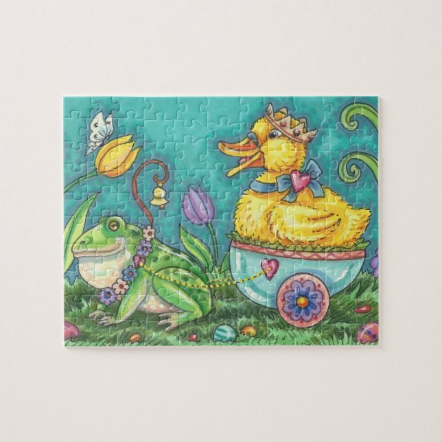 BULLFROG & DUCK PRINCE IN EGG CART, EASTER PUZZLE (Horizontal)