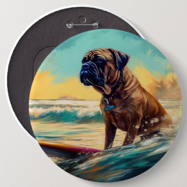 Bullmastiff Beach Surfing Painting  6 Cm Round Badge (Front & Back)