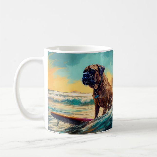 Bullmastiff Beach Surfing Painting  Coffee Mug (Left)